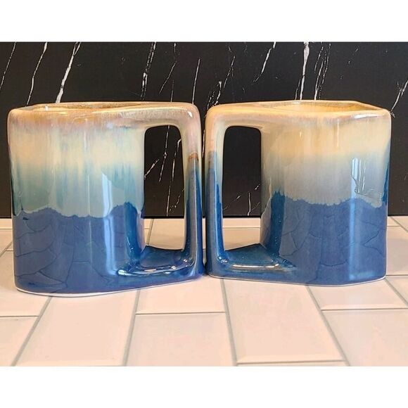 Padilla Set of (2) 4¼" Drip Glazed Blue/Beige Stoneware Mugs Unique Signed EUC - Picture 10 of 15